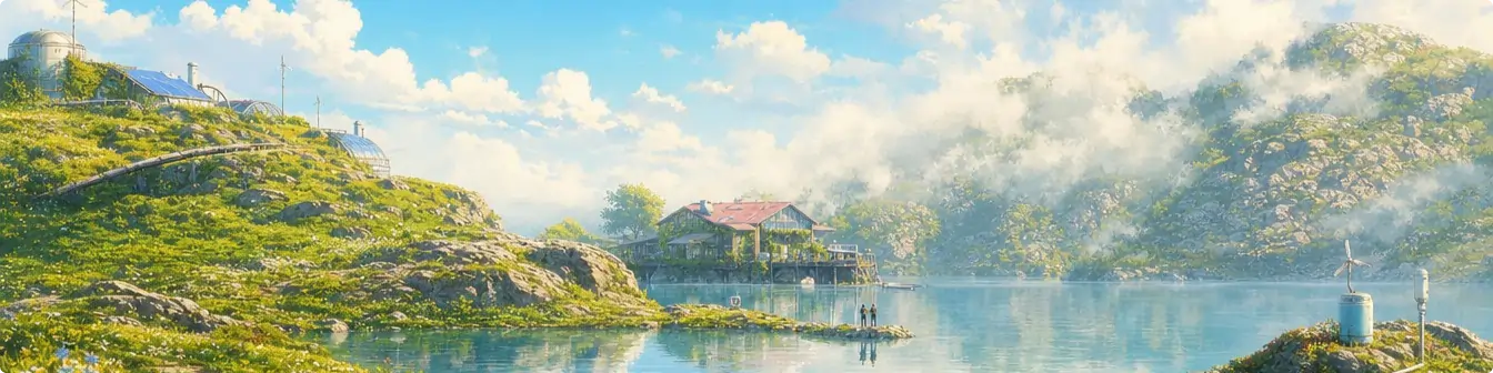 Serene lake with a stilted house, green hills, and misty mountains